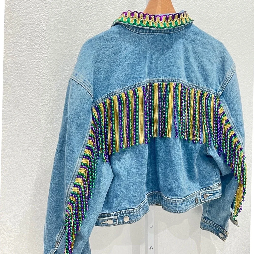 Mardi Gras Festival Women Fringe DenimJacket XL Embellishment Rhinestone Sequin